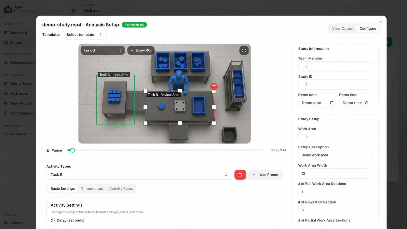 Interactive ALAS video configuration with named activity regions