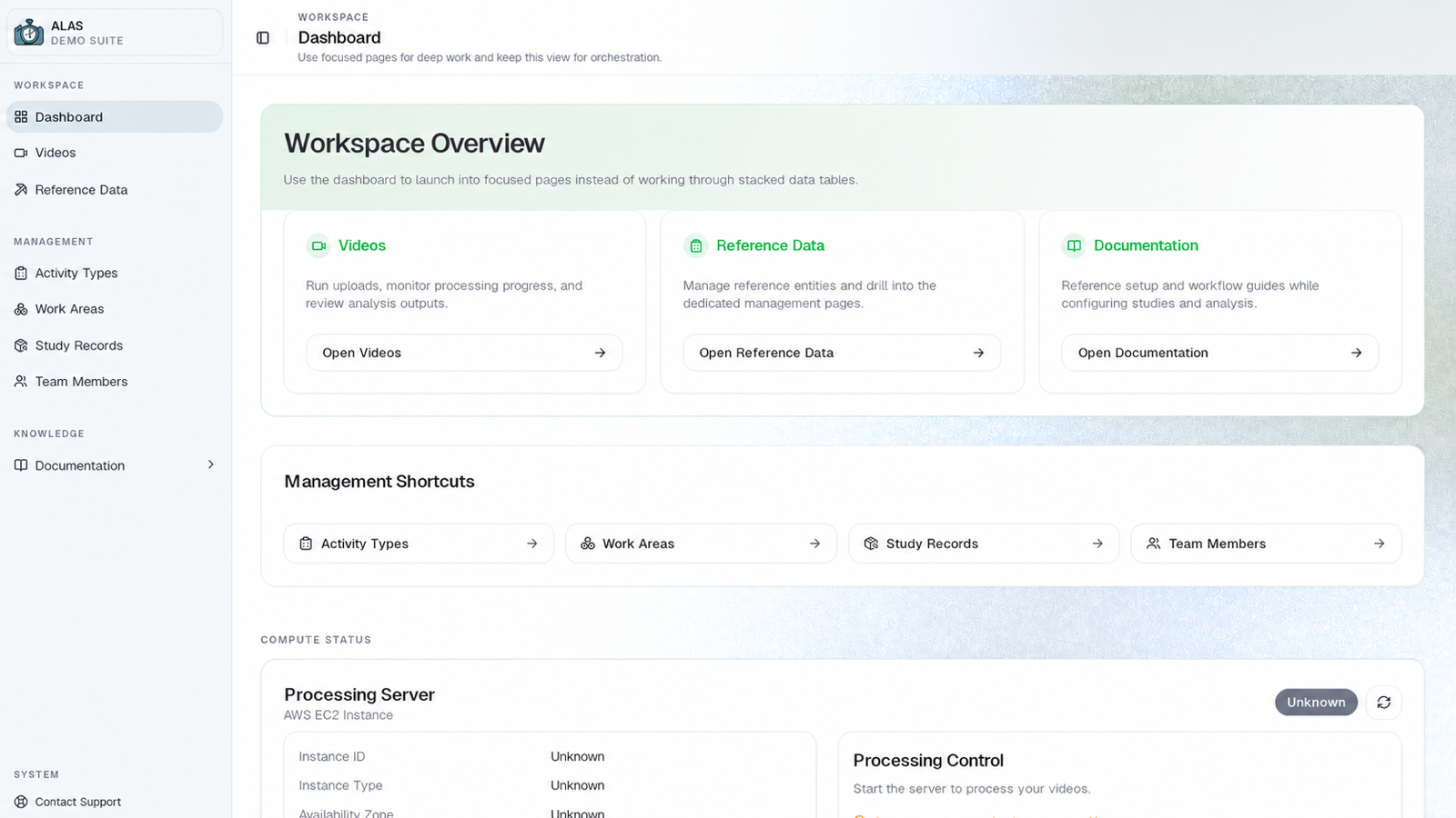 ALAS workspace for managing studies, setup data, and processing infrastructure